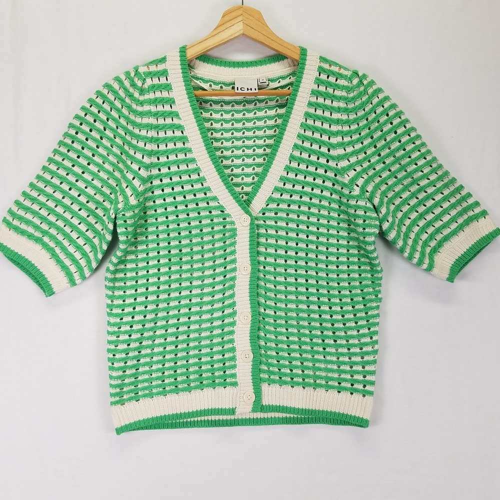 ICHI Women Acrylic IHARDINA CA3 XS Green White Collegiate Knit Cardigan Sweater